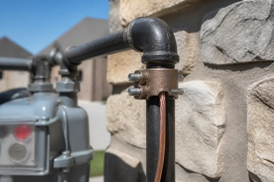 A bonding clamp on a black steel gas fitting with a heavy copper conductor leaving it