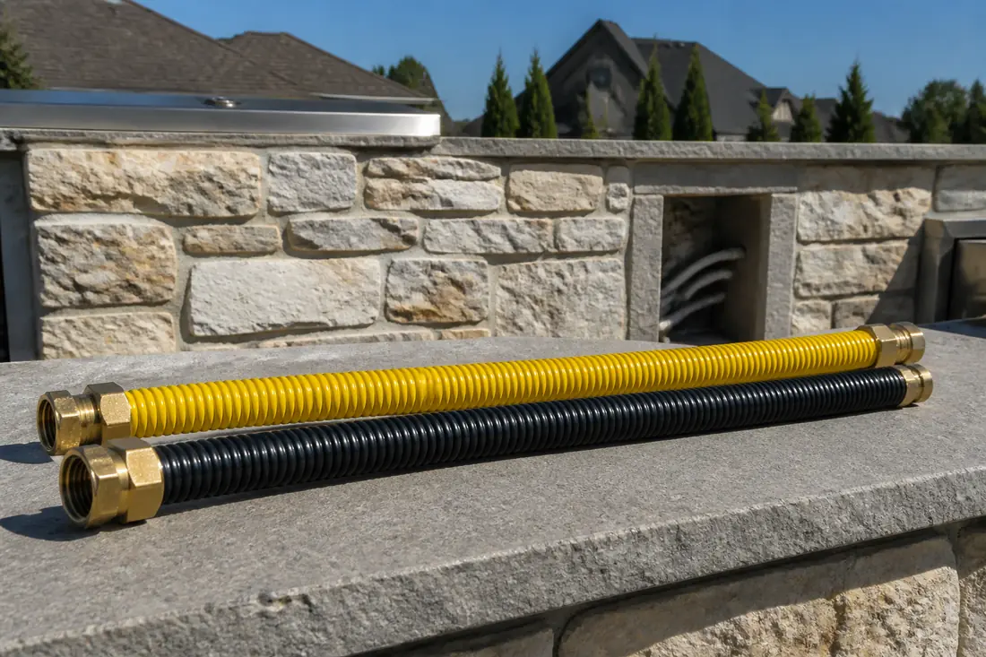 A length of yellow corrugated tubing and a length of black jacketed corrugated tubing side by side
