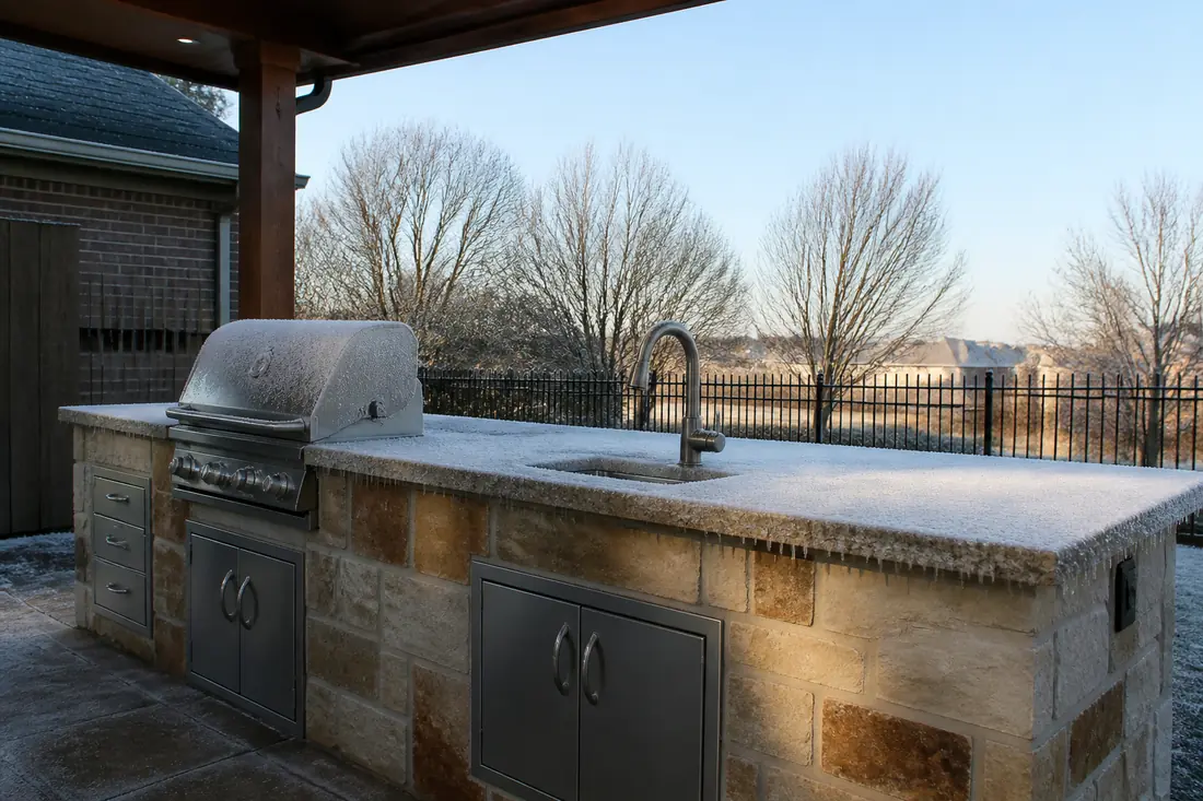 An outdoor kitchen island under a patio cover on a hard frost morning