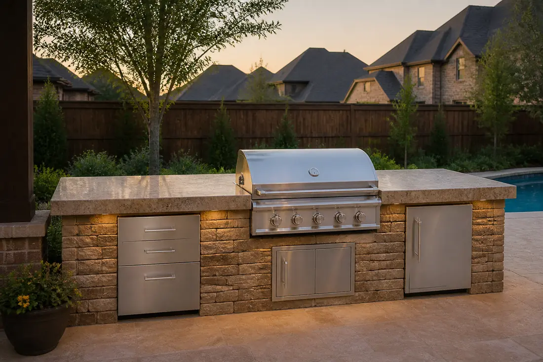 A built-in gas grill set into a stone outdoor kitchen island with cabinetry beside it